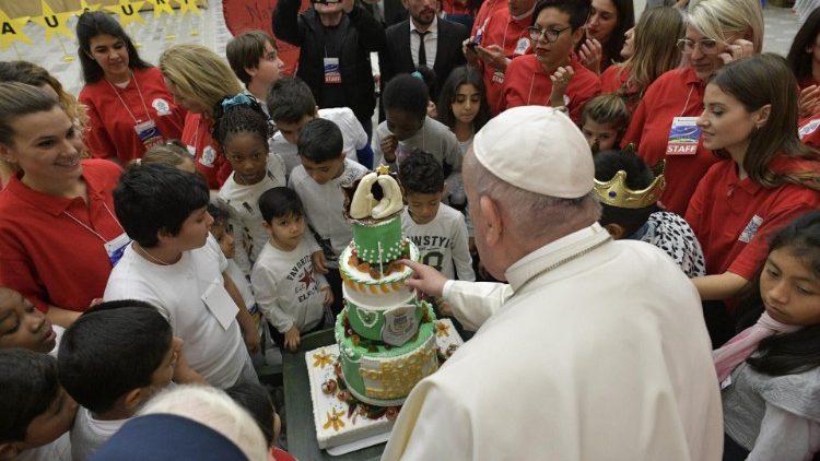 Pope Francis celebrating with children assisted by the Vatican's Santa Marta Paediatric Dispensary on December 12, 2019. 