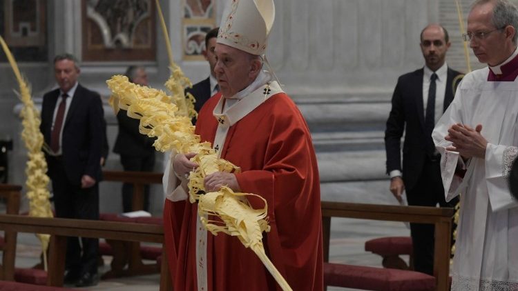 Pope Francis celebrating Mass on Palm Sunday in St Peter's Basilica