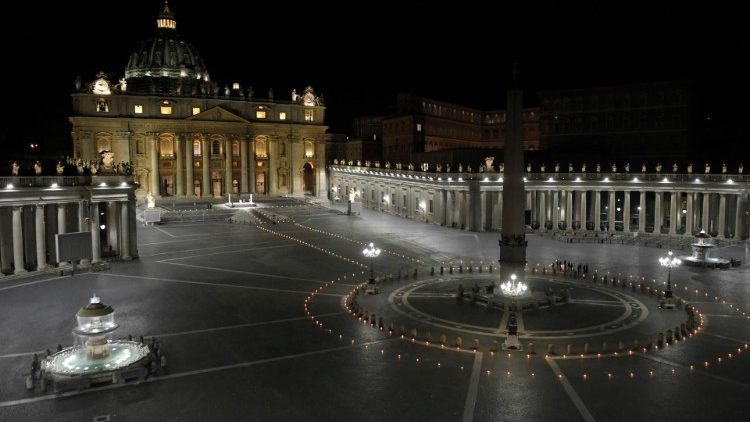 Pope Francis leading the Good Friday Way of the Cross in a deserted St. Peter's Square amid Covid lockdown.  