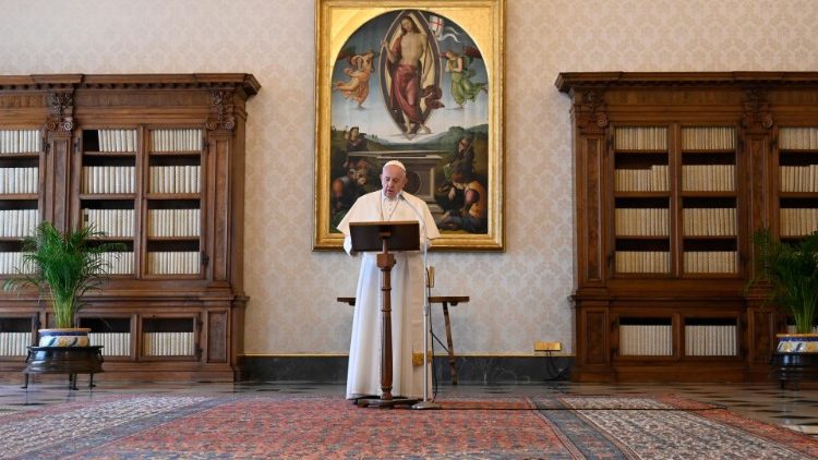 Pope Francis deliveres the Regina Caeli address in the library of the Apostolic Palace
