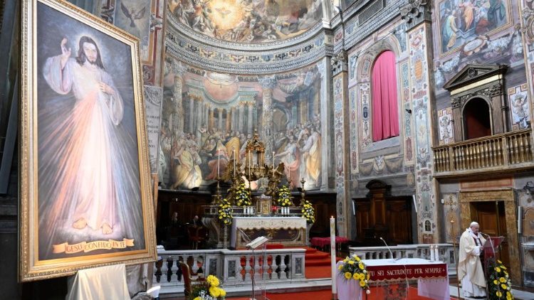 Pope Francis during Mass on the Sunday of Divine Mercy, 19 April 2020, in the church of Santo Spirito in Sassia near the Vatican