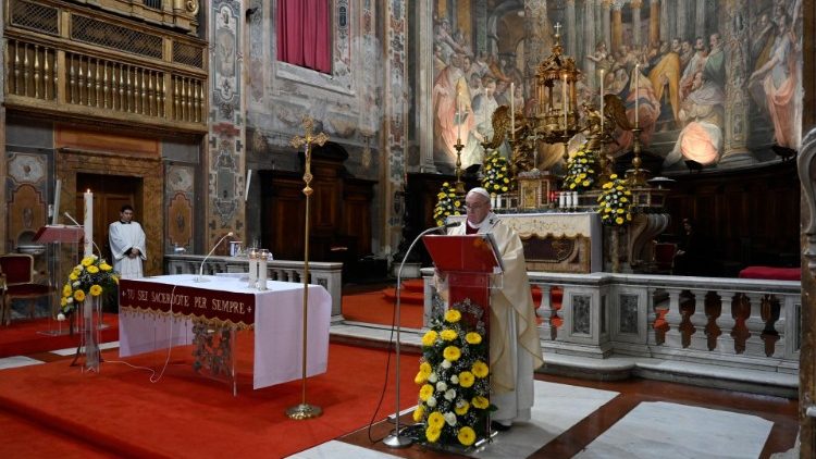 教皇フランシスコ、2020年4月19日、ローマ、サント・スピリト教会で