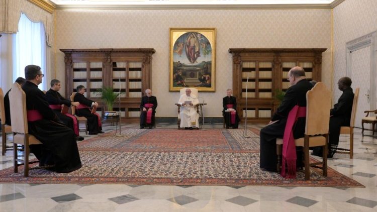 Papež Frančišek med splošno avdienco v knjižnici apostolske palače v Vatikanu.