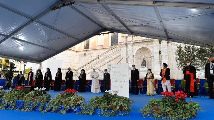 Pope Francis at the International Meeting of Prayer for Peace at Rome's Capitoline Hill Square on Oct 20, 2020. 