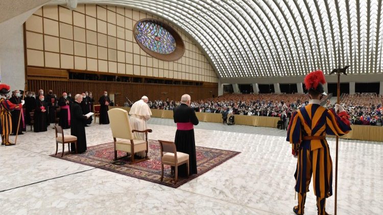 Pope Francis at the General Audience of Oct. 21, 2020, at the Paul VI audience hall. 