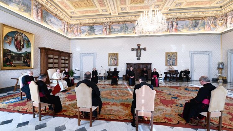 教宗在宗座大樓的圖書館進行週三要理講授