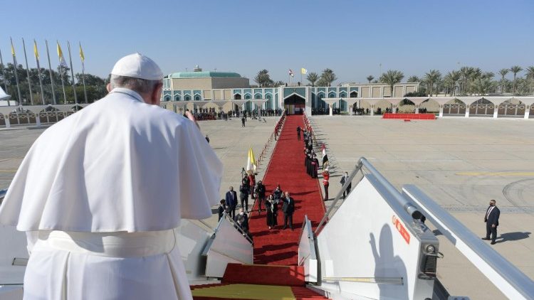 Pope Francis waves goodbye to Iraq