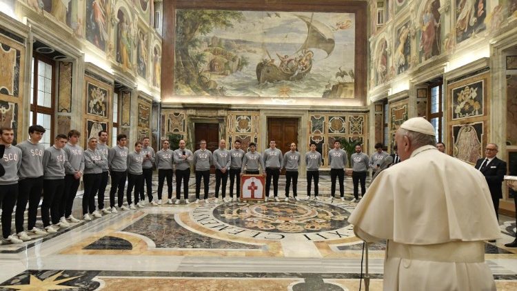 Pope Francis addresses Genoa's water polo team during an audience in the Sala Clementina at the Vatican