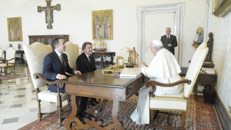 Pope Francis meeting Alessandro Cardelli and Mirko Dolcini, Captains Regent of the Republic of San Marino