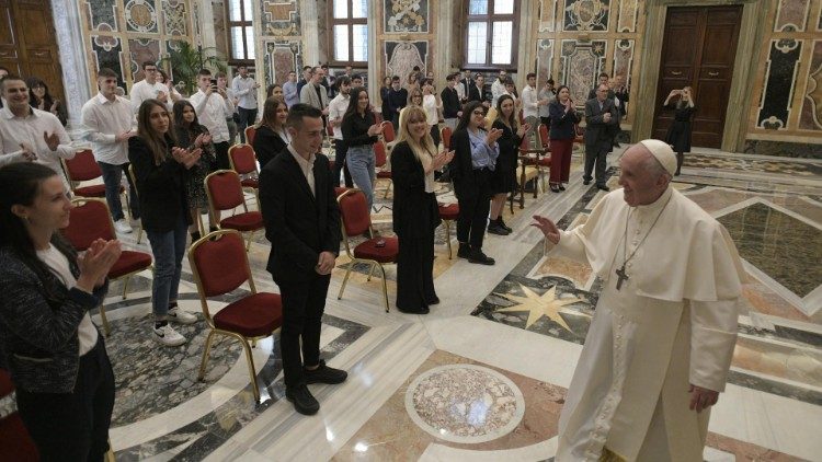 Pope Francis meets the staff and students of Ambrosoli Institute of Codogno, Italy, on May 22, 2021.