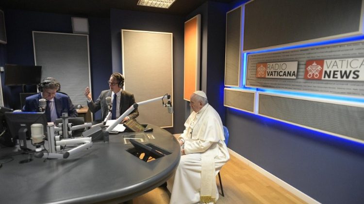 Pope Francis in the recording studio of Radio Vaticana Italia