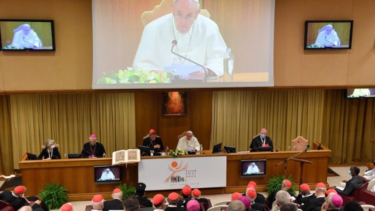Pope Francis addresses an event in the Vatican ahead of the official launch of the Synod on Oct. 10, 2021.