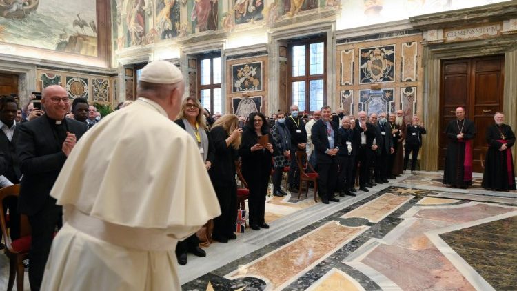 Pope Francis meeting participants in a conference of Migrantes Foundation on Nov. 11, 2021. 