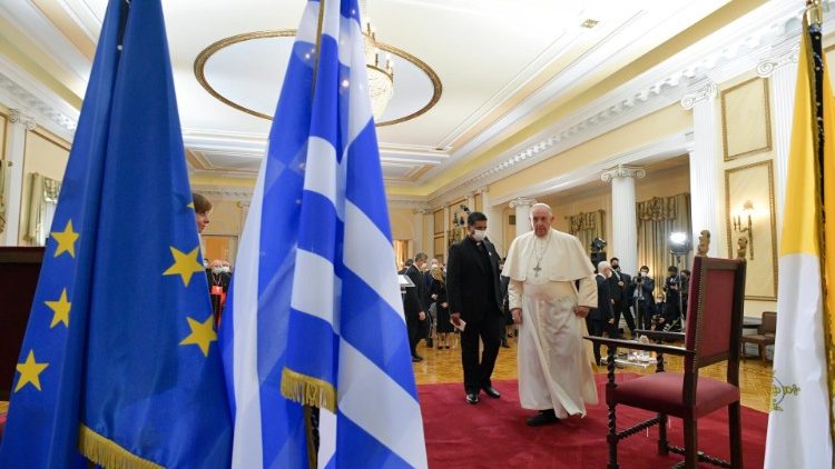 The flags of the Vatican, Greece, and the EU