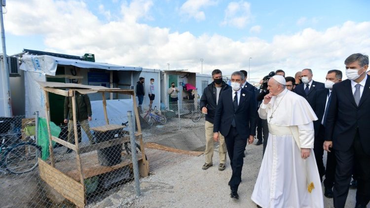 Pope Francis visiting the Mytilene refugee camp on Lesbos, Greece