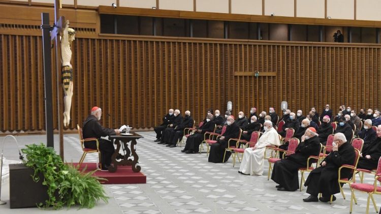 Pope Francis listens to Cardinal Cantalamessa's second Advent Sermon