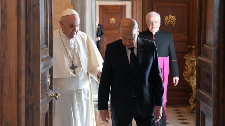 Pope Francis and President Aoun enter the Pope's study