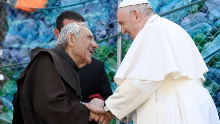 Franciscan Fr. Dionysius Mintoff, founder of the Pope John XXIII Peace Lab, with Pope Francis