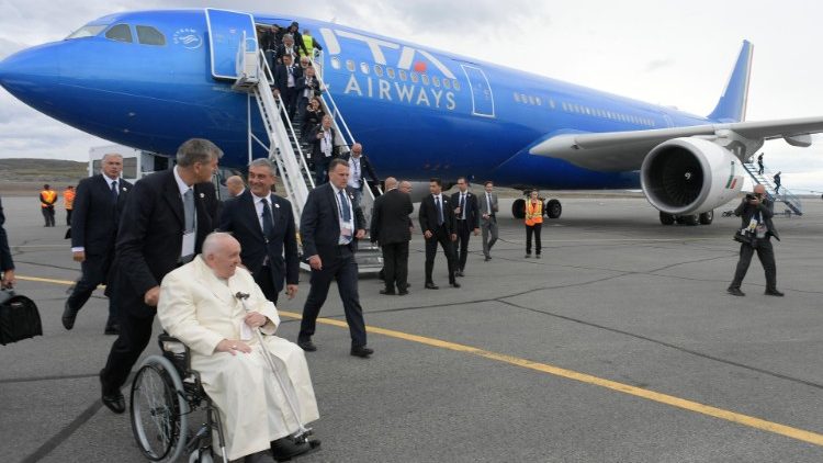 Pope Francis during a papal flight (July 2022 photo)