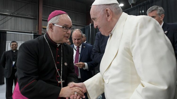 Pope Francis welcomed by Bishop Krotki in Iqaluit