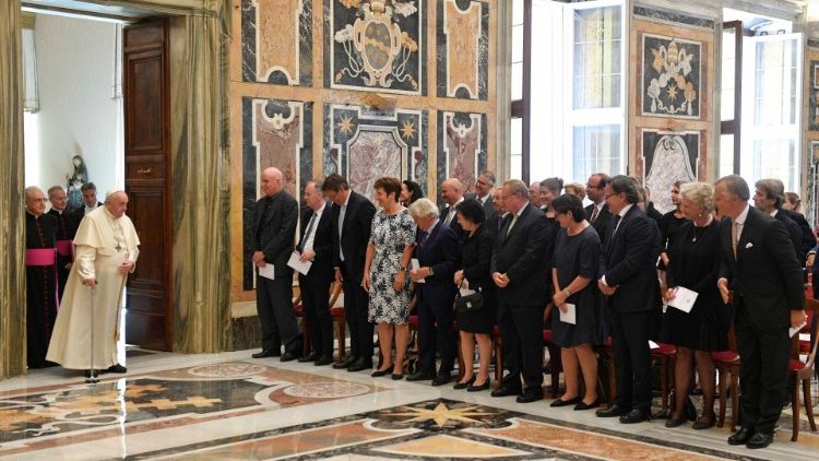 Pope Francis arrives at the audience with members of the Association of Former Students of the Kollegium Kalksburg of Vienna