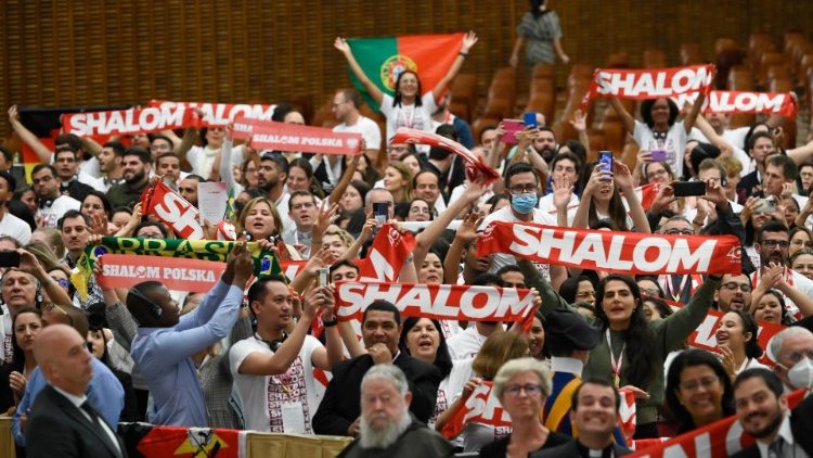 Participants of the Shalom Community meeting Pope Francis in Paul VI Audience Hall