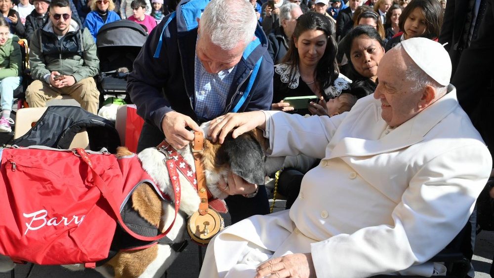 Bernhardinerhund Magnum und Herrchen Claudio Rossetti bei der Generalaudienz mit dem Papst