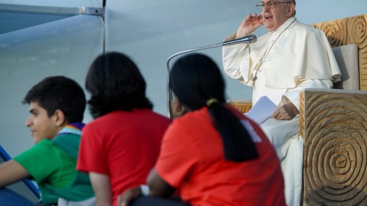 MAP Francis listens for a response after inviting young people to repeat after him