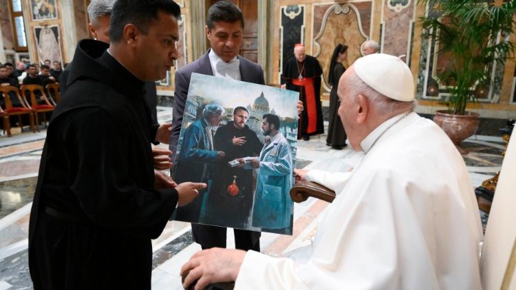 Pope Francis meeting religious and lay employees of the Vatican Farmacy in the Clemenine Hall