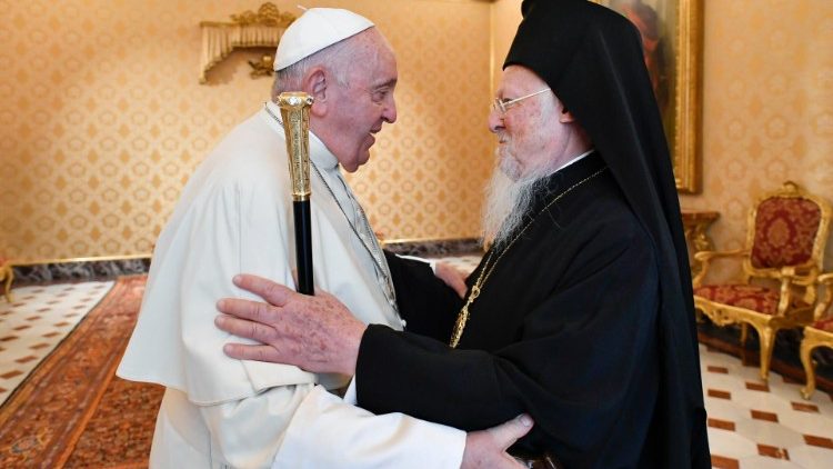 MAP Francis and Ecumenical Patriarch Bartholomew embrace during a meeting in Rome in September