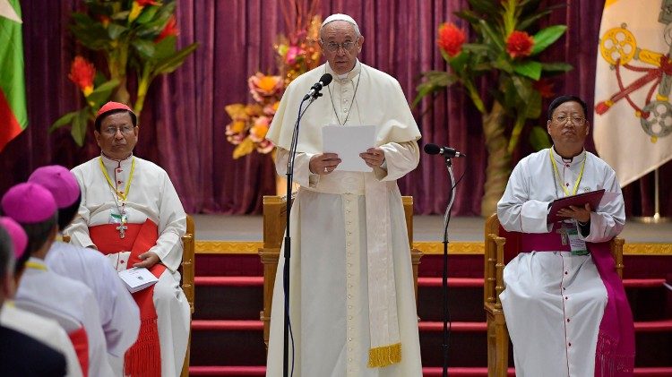 Pope Francis speaking alongside Cardinal Bo