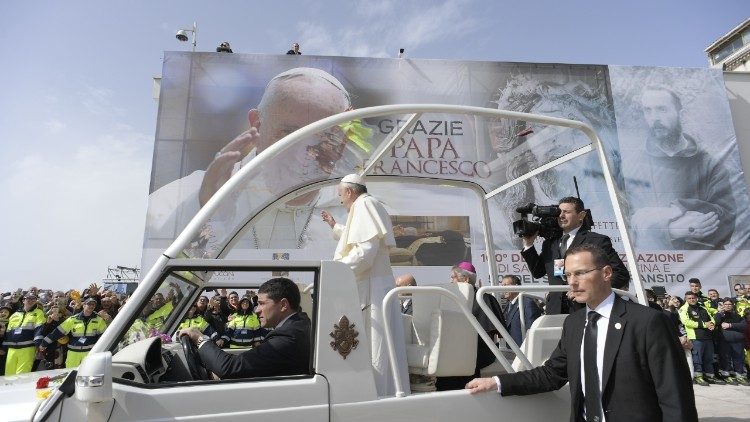 Pope Francis arriving at the Shrine of St Pio in San Giovanni Rotondo