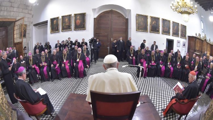 Pope Francis meeting Chilean bishops in Santiago, Chile on January 16, 2018. 