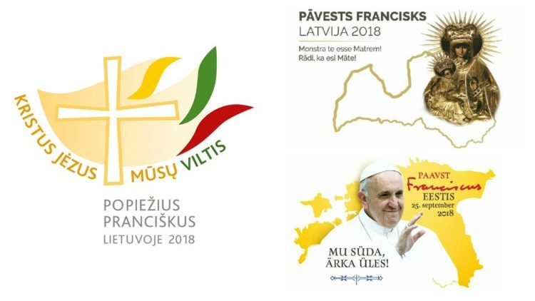 教皇フランシスコのバルト3国訪問のロゴ、リトアニア（左）、ラトビア（右上）、エストニア（右下）