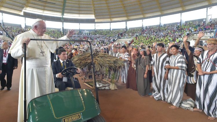 Pope Francis arrives at the Madre de Dios indoor stadium of Puerto Maldonado, Peru,  to meet indigenous people.