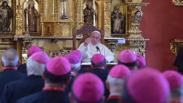 Pope Francis speaks to Peru's bishops in Lima