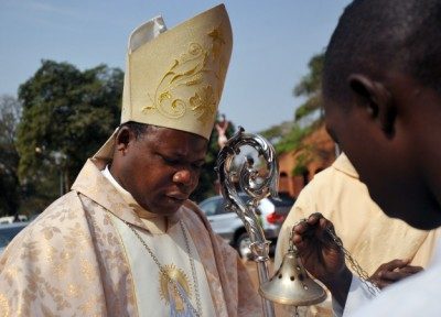 Le cardinal Nzapalainga lors d'une messe à Bangui.