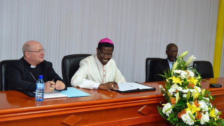 Archbishop Rugambwa with Apostolic Nuncio Peter Wells (l) and Bishop Frank Nubuasah, S.V.D. of Francistown (R).