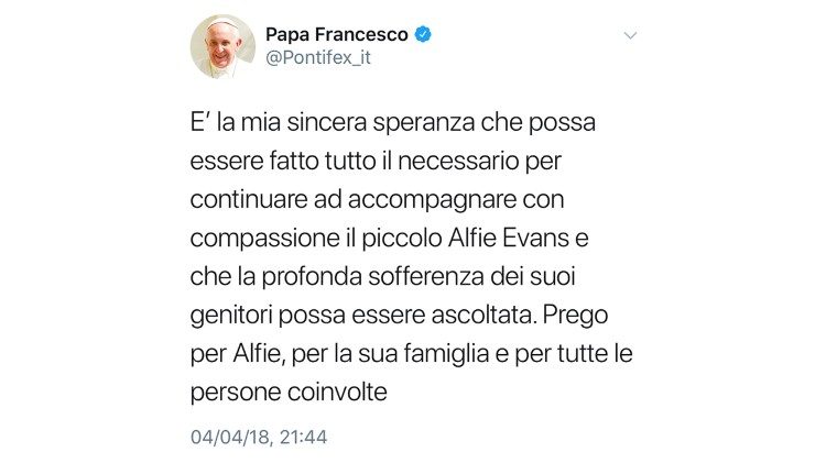 Papa Francesco tweet su Alfie Evans