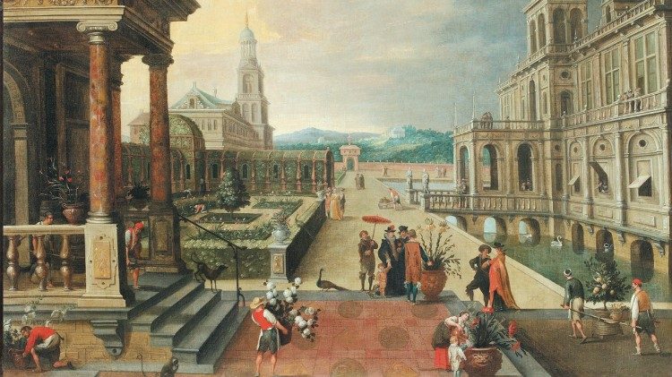 JAN WILDENS e CORNELIS DE WAEL (Anversa 1585/86 – 1653; Anversa 1592 – Roma 1667) Giardino con figure Olio su tela, 123 x 191 cm Collezione privata     