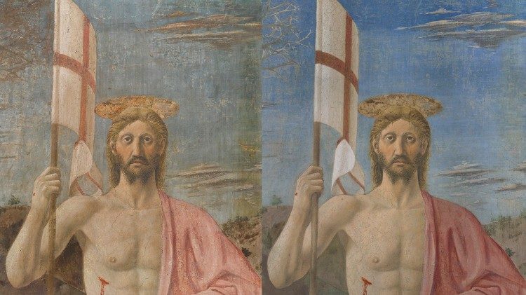 Restaurato l'affresco della Resurrezione di Piero della Francesca a Sansepolcro. Particolare del Risorto (prima e dopo il restauro)