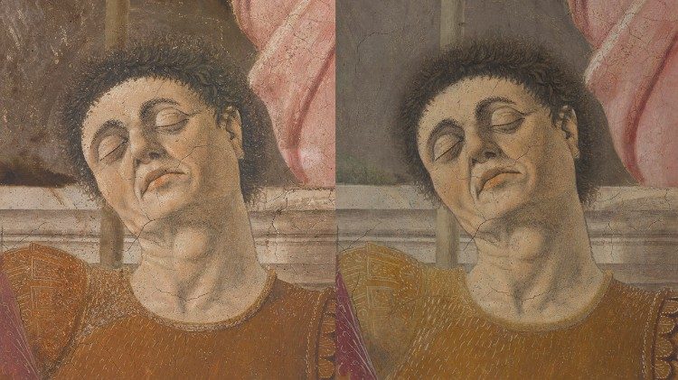 Restaurato l'affresco della Resurrezione di Piero della Francesca a Sansepolcro. Particolare dell'autoritratto di Piero della Francesca (prima e dopo il restauro)