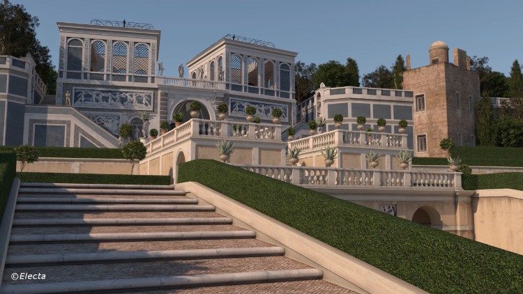 Digitale Rekonstruktion der Farnese-Gärten am Palatin: Freitreppe mit Vogelhäusern (Electa)