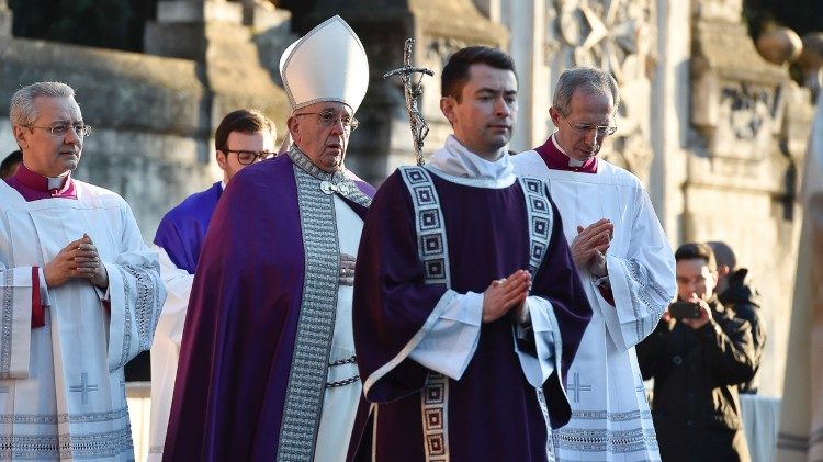 Pope Francis presiding over the Lenten procession at Rome's Sant'Anselmo Church on Ash Wednesday