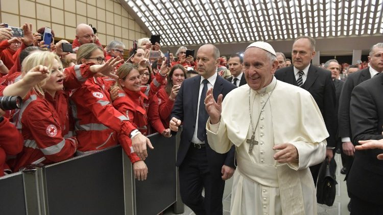 Italian Red Cross members attend an audience with Pope Francis in the Paul VI hall