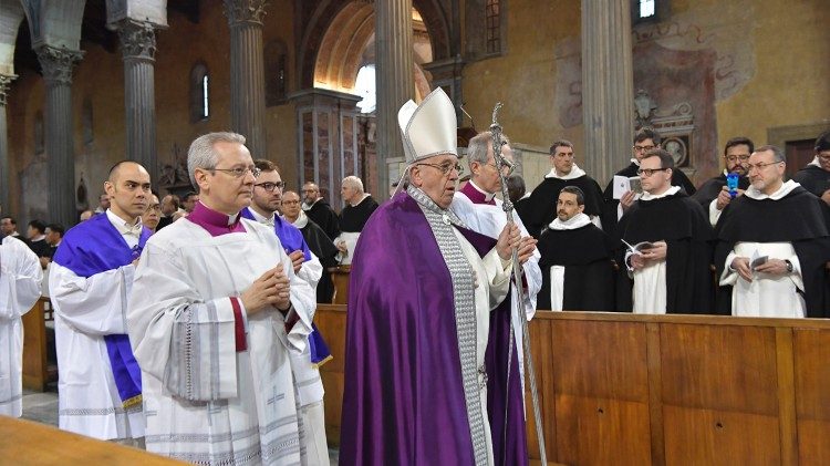 Pope Francis leads the procession at Rome's Basilica of St Anselm for Ash Wednesday 