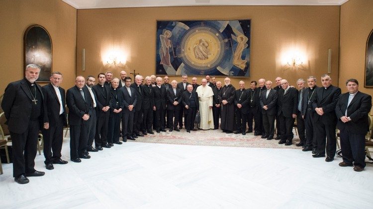 Pope Francis with the Bishops of Chile during their visit to Rome in May.