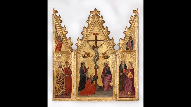 Paolo di Giovanni Fei, Crucifixión y santos (1375 – 1395). Tríptico con puertas. Pinacoteca, ©Musei Vaticani