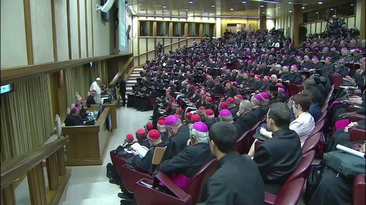 Pope Francis and bishops gathered in the Synod Hall