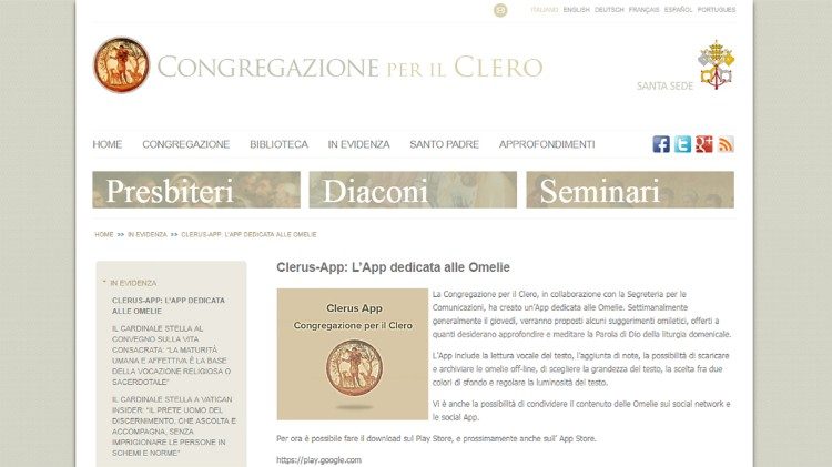 La page d'accueil ddu site de la Congrégation pour le Clergé, présentant la "Clerus App".